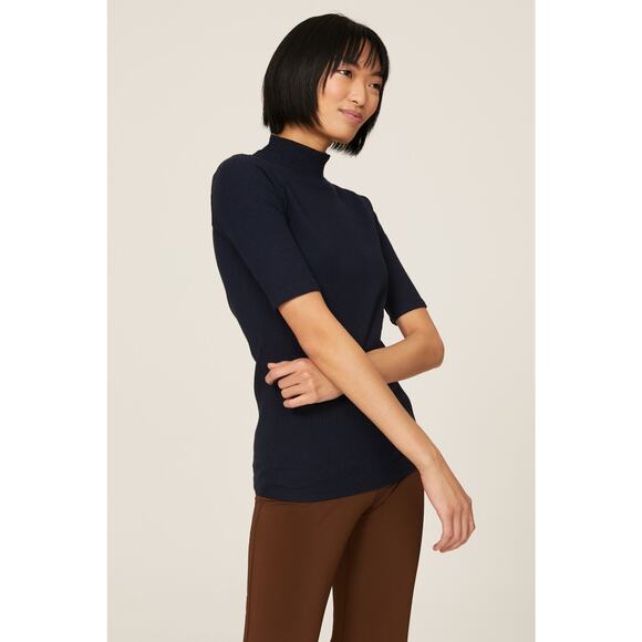 Hatch Sz 1 small Navy Blue Rowan Maternity Rib Knit Mock Neck Short Sleeve Top - Picture 1 of 7